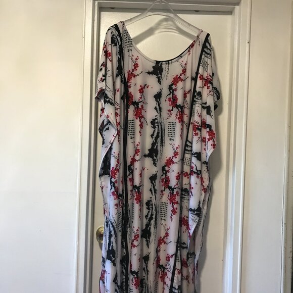 Sakura Cherry Blossom Landscape Print Maxi Caftan Japanese Asian White PinkBlack - Picture 3 of 6